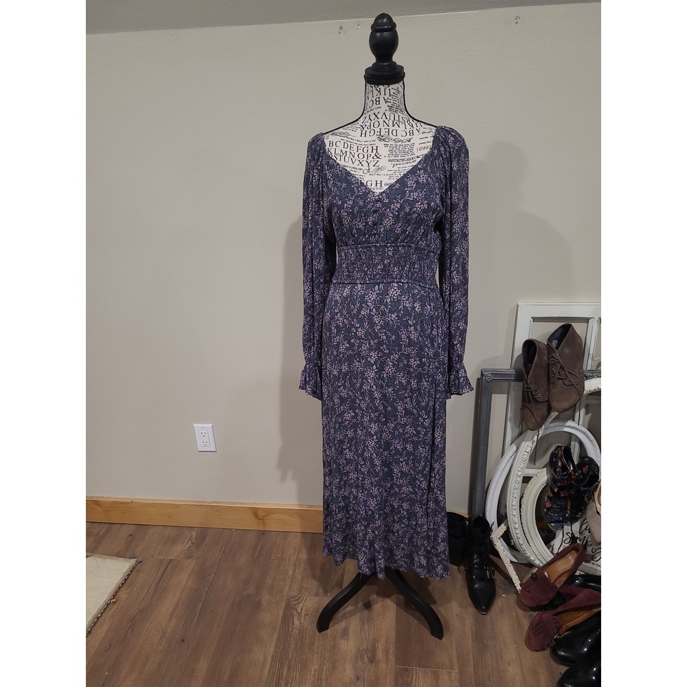Bohme Cottage Core Purple Floral Midi dress Women SZ M flowy boho ruffle smocked
